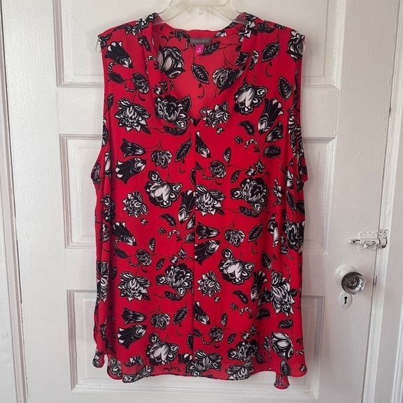 Vince Camuto Red and Black Floral Blouse 3X Sleeveless Chiffon Flowy V-Neck - Picture 9 of 13